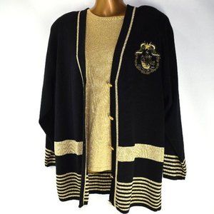 Nautical Black Sweater Cardigan Metallic Gold Top